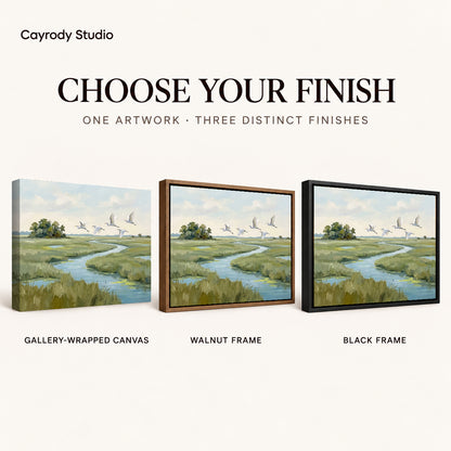 Marsh Bird Flight artwork finish chart showing gallery wrapped canvas, walnut frame, and black frame options.