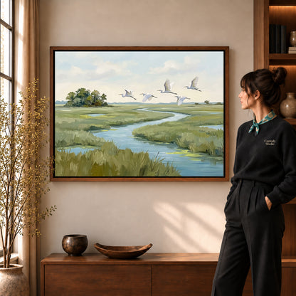 Walnut framed marsh bird flight artwork scene assigned to all six walnut framed canvas sizes.