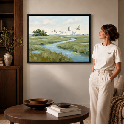 Black framed marsh bird flight artwork scene assigned to all six black framed canvas sizes.
