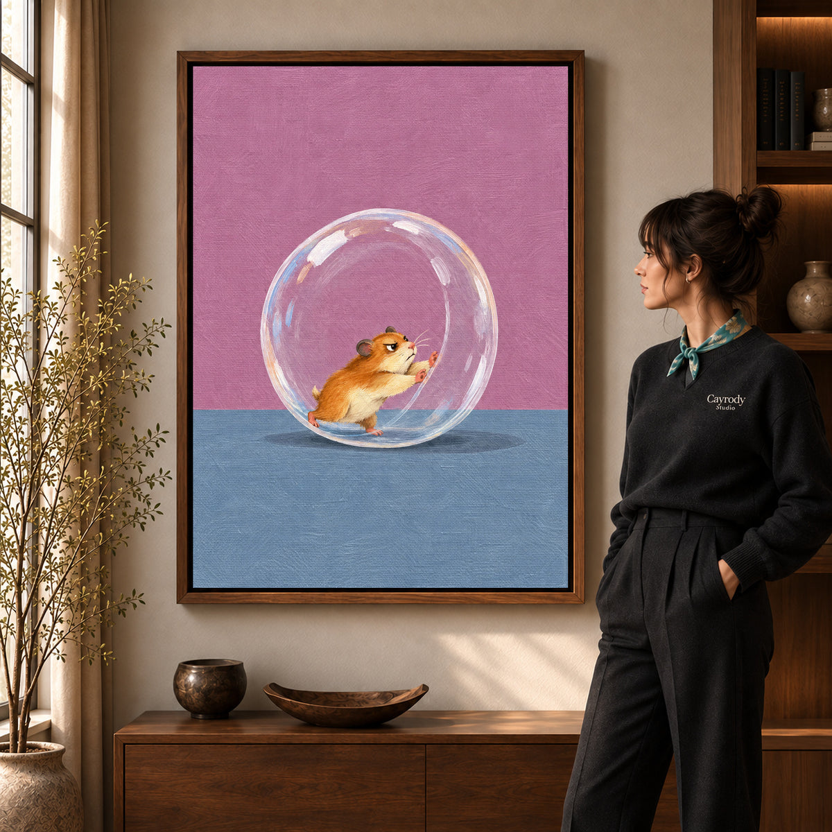 Determined Hamster Runner artwork in a walnut frame beside a standing woman in a warm room.
