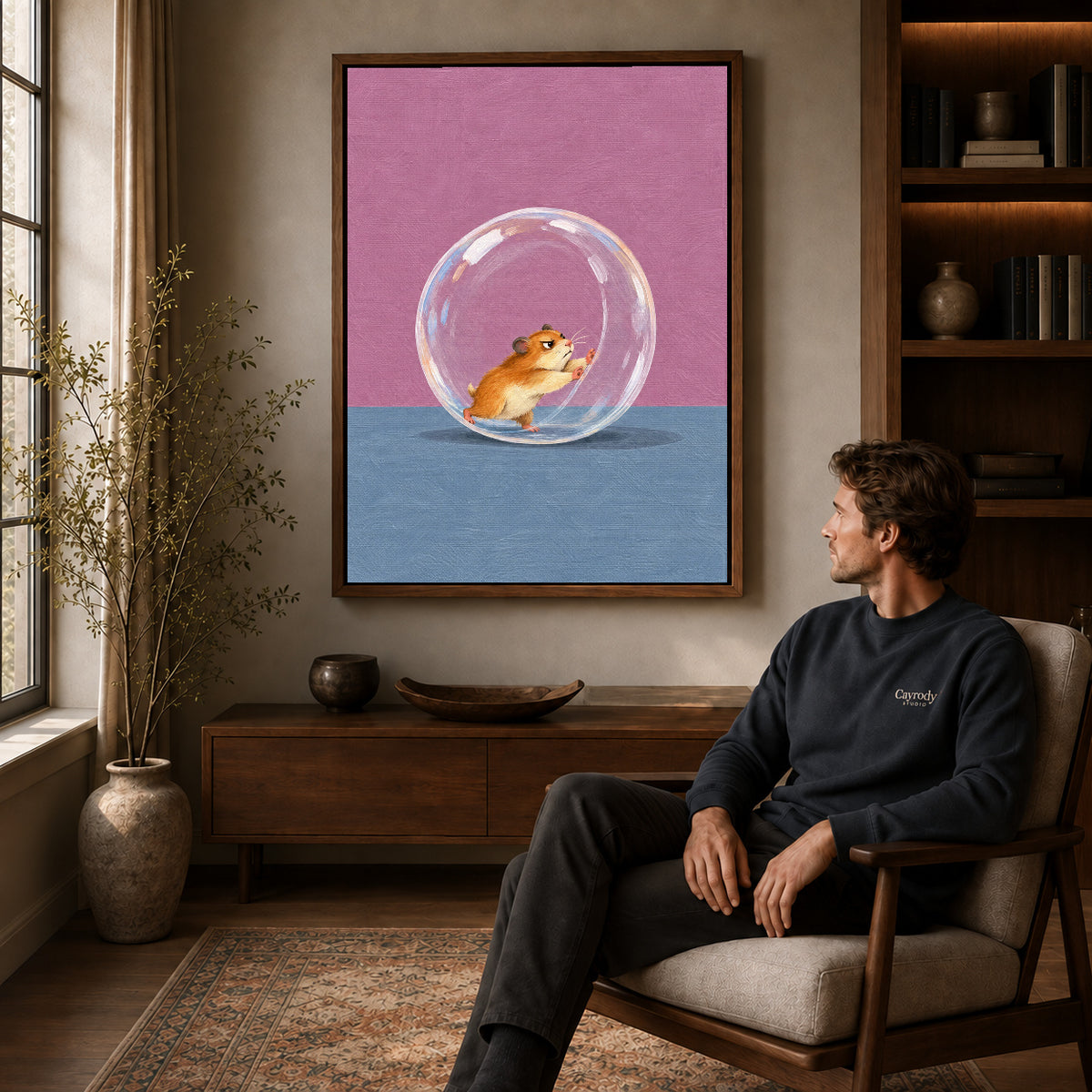 Walnut framed determined hamster runner artwork above a seated man in a wood furnished living room.