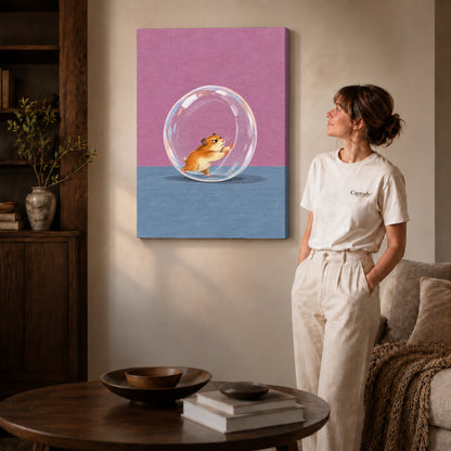 Gallery wrapped determined hamster runner artwork with shaded canvas edges beside a woman wearing cream clothing.