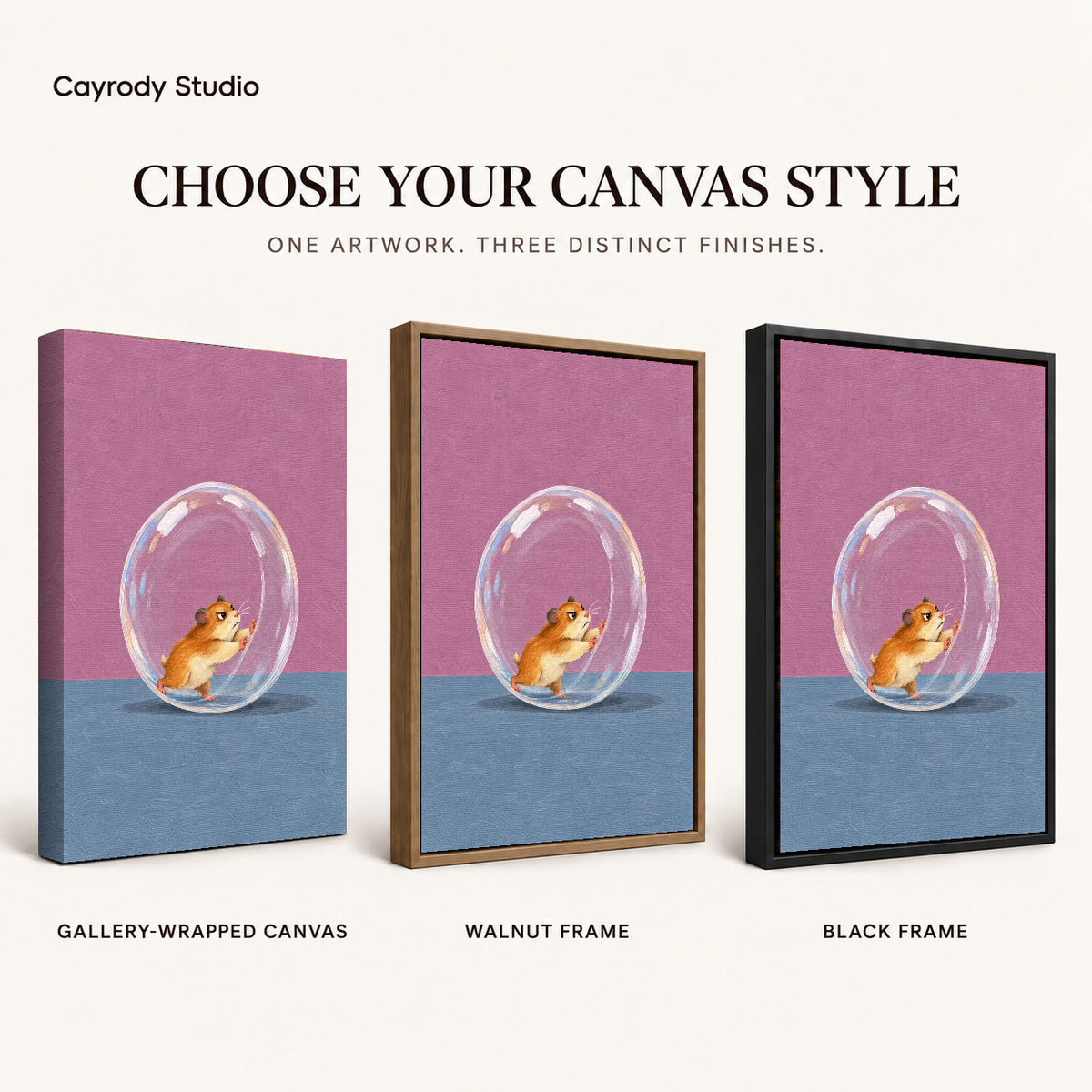 Determined Hamster Runner artwork finish chart showing gallery wrapped canvas, walnut frame, and black frame options.