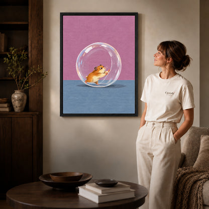 Black framed determined hamster runner artwork scene assigned to all six black framed canvas sizes.