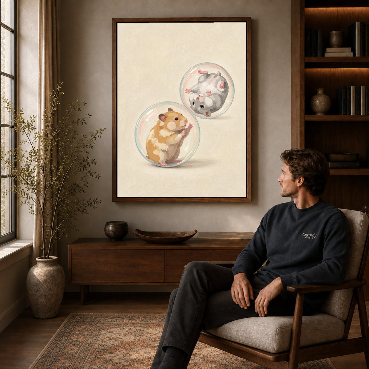 Walnut framed tumbling hamster friends artwork above a seated man in a wood furnished living room.