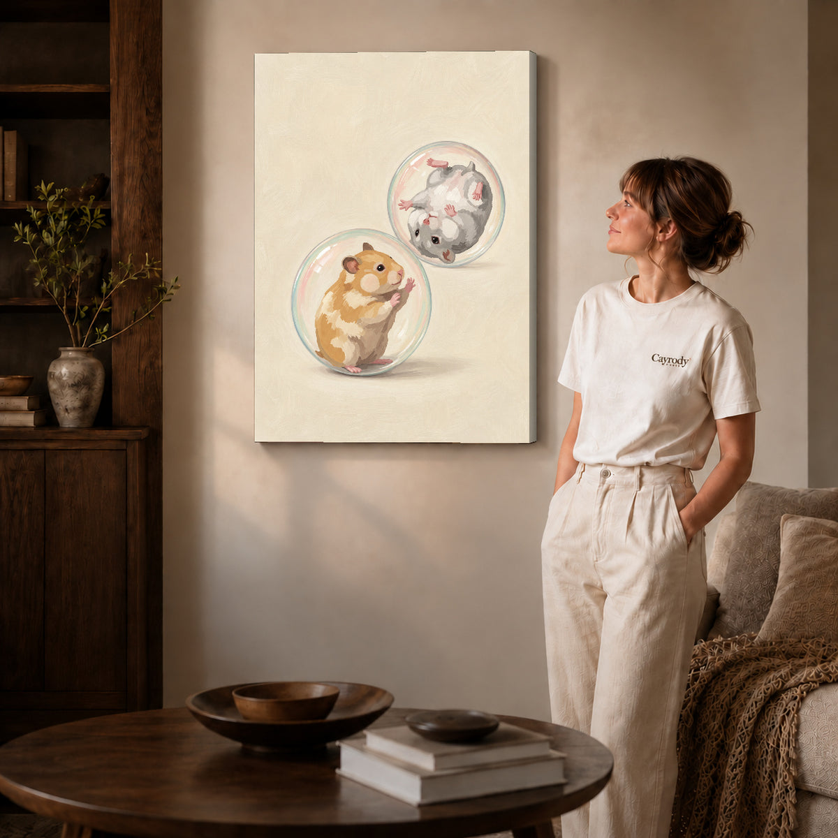 Gallery wrapped tumbling hamster friends artwork with shaded canvas edges beside a woman wearing cream clothing.