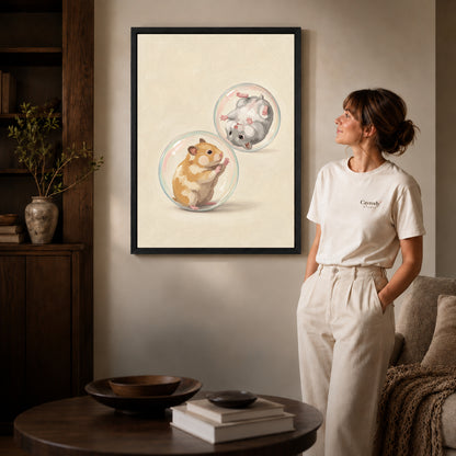 Black framed tumbling hamster friends artwork beside a woman in a warm neutral living room.