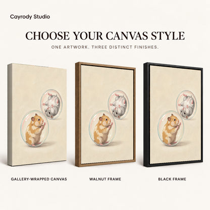 Tumbling Hamster Friends artwork finish chart showing gallery wrapped canvas, walnut frame, and black frame options.