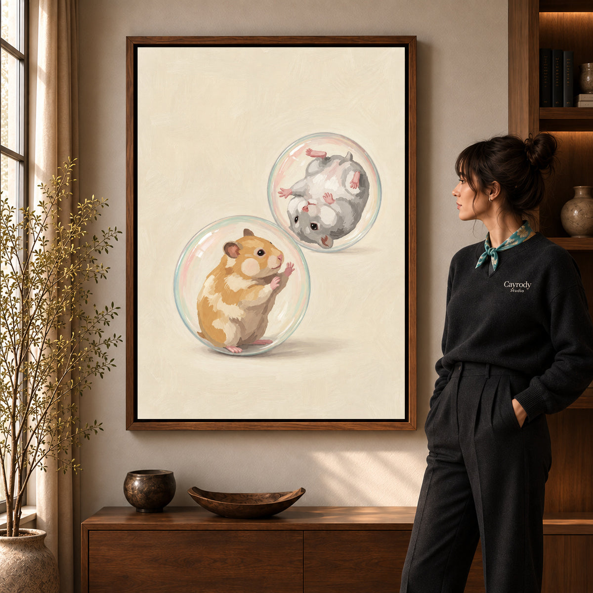 Walnut framed tumbling hamster friends artwork scene assigned to all six walnut framed canvas sizes.
