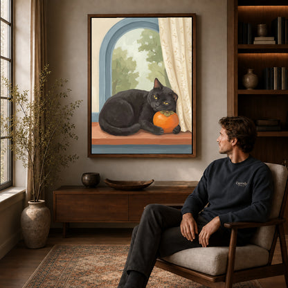 Walnut framed persimmon window cat artwork above a seated man in a wood furnished living room.