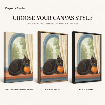 Persimmon Window Cat artwork finish chart showing gallery wrapped canvas, walnut frame, and black frame options.