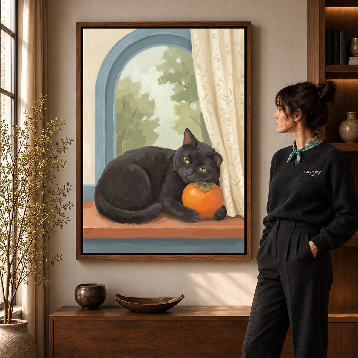 Walnut framed persimmon window cat artwork scene assigned to all six walnut framed canvas sizes.