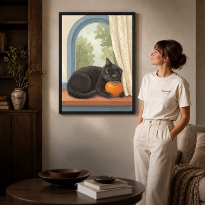 Black framed persimmon window cat artwork scene assigned to all six black framed canvas sizes.