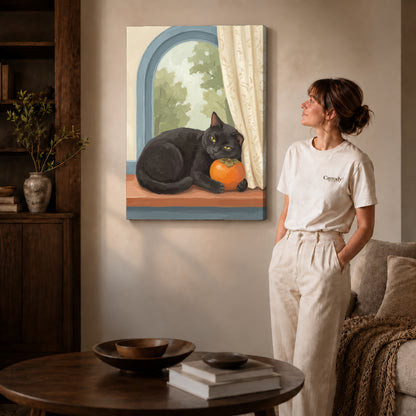 Gallery wrapped persimmon window cat artwork scene assigned to all six unframed wrapped canvas sizes.