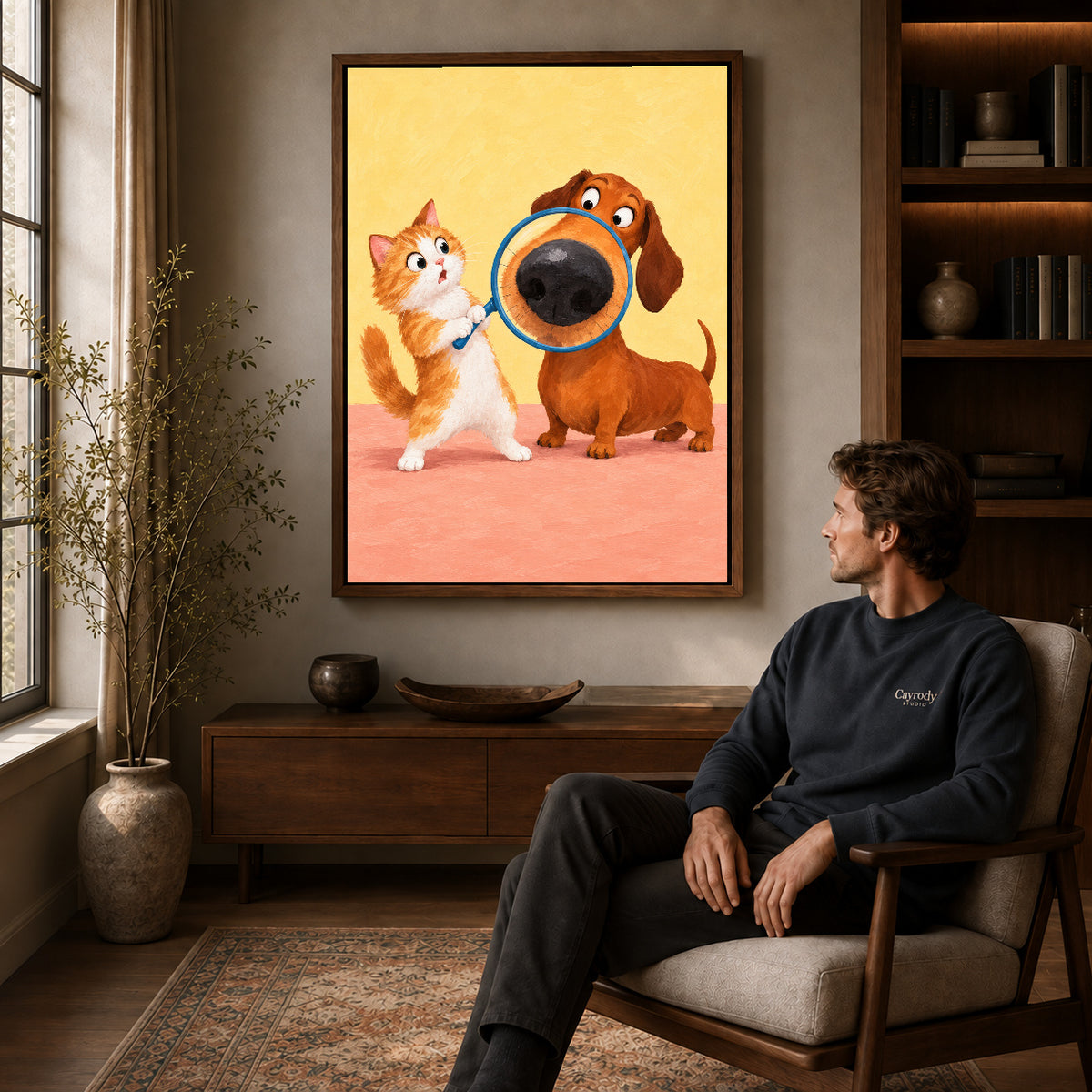 Walnut framed magnifying puppy nose artwork above a seated man in a wood furnished living room.