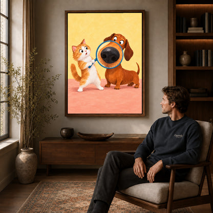 Walnut framed magnifying puppy nose artwork above a seated man in a wood furnished living room.