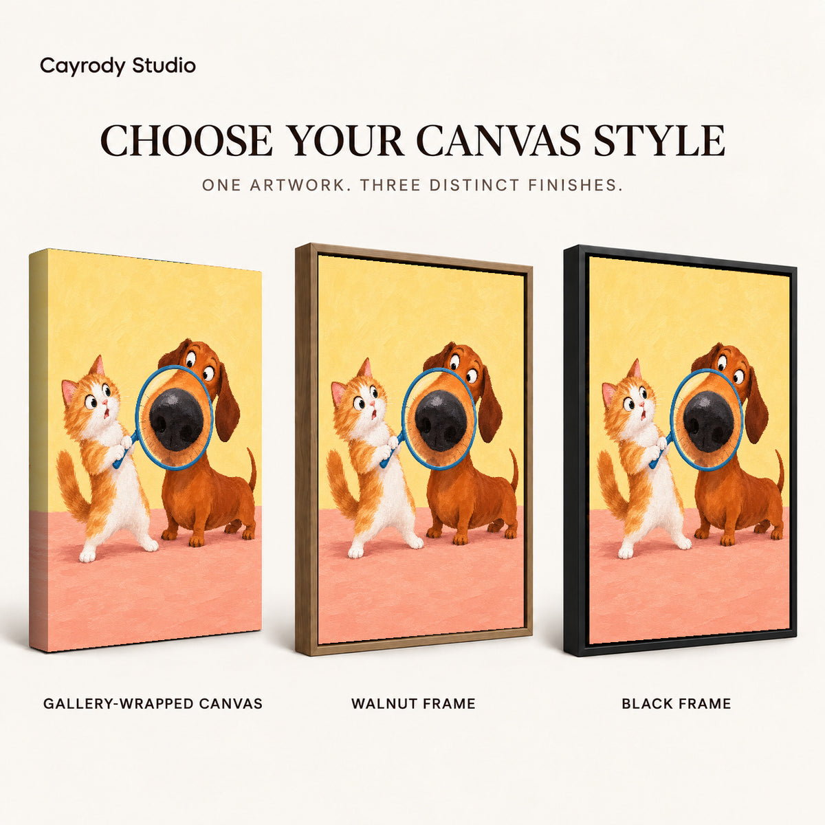 Magnifying Puppy Nose artwork finish chart showing gallery wrapped canvas, walnut frame, and black frame options.