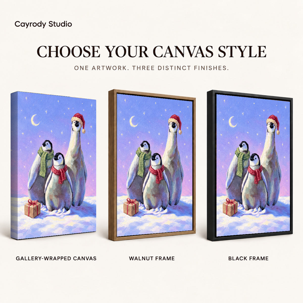 Christmas Penguin Trio artwork finish chart showing gallery wrapped canvas, walnut frame, and black frame options.