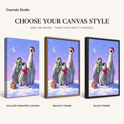 Christmas Penguin Trio artwork finish chart showing gallery wrapped canvas, walnut frame, and black frame options.