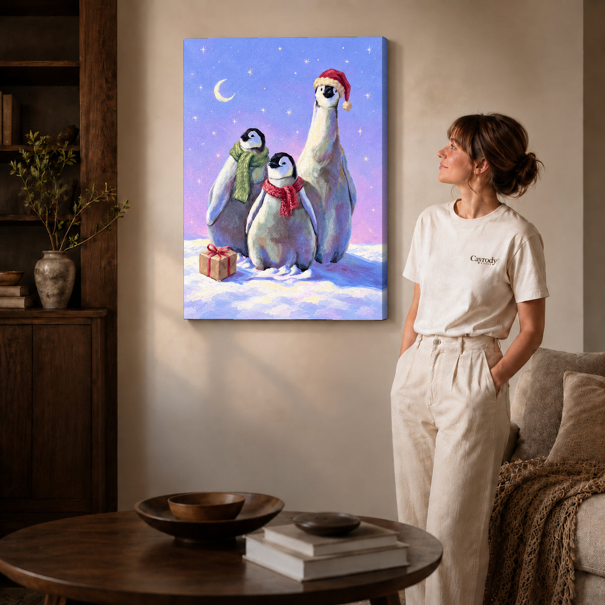 Gallery wrapped christmas penguin trio artwork scene assigned to all six unframed wrapped canvas sizes.