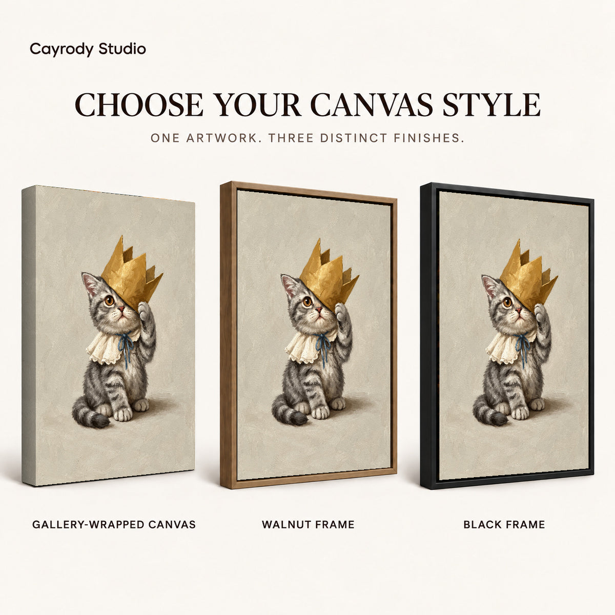 Golden Crown Kitten artwork finish chart showing gallery wrapped canvas, walnut frame, and black frame options.