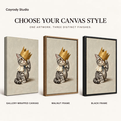 Golden Crown Kitten artwork finish chart showing gallery wrapped canvas, walnut frame, and black frame options.