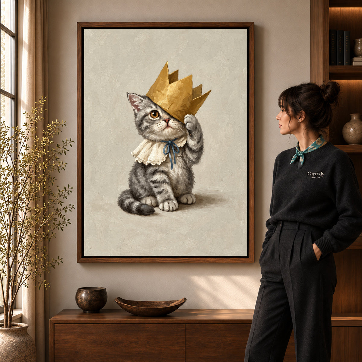 Walnut framed golden crown kitten artwork scene assigned to all six walnut framed canvas sizes.