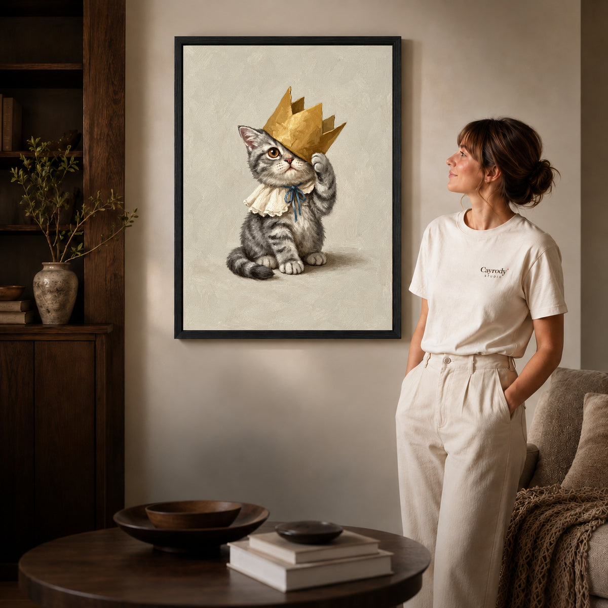 Black framed golden crown kitten artwork scene assigned to all six black framed canvas sizes.
