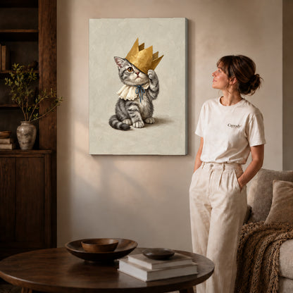 Gallery wrapped golden crown kitten artwork scene assigned to all six unframed wrapped canvas sizes.