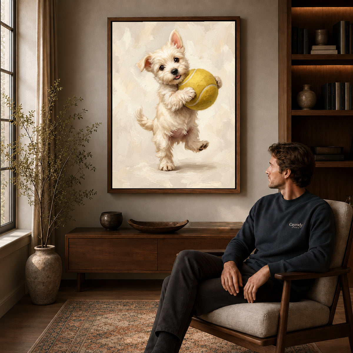 Walnut framed tennis ball puppy artwork above a seated man in a wood furnished living room.