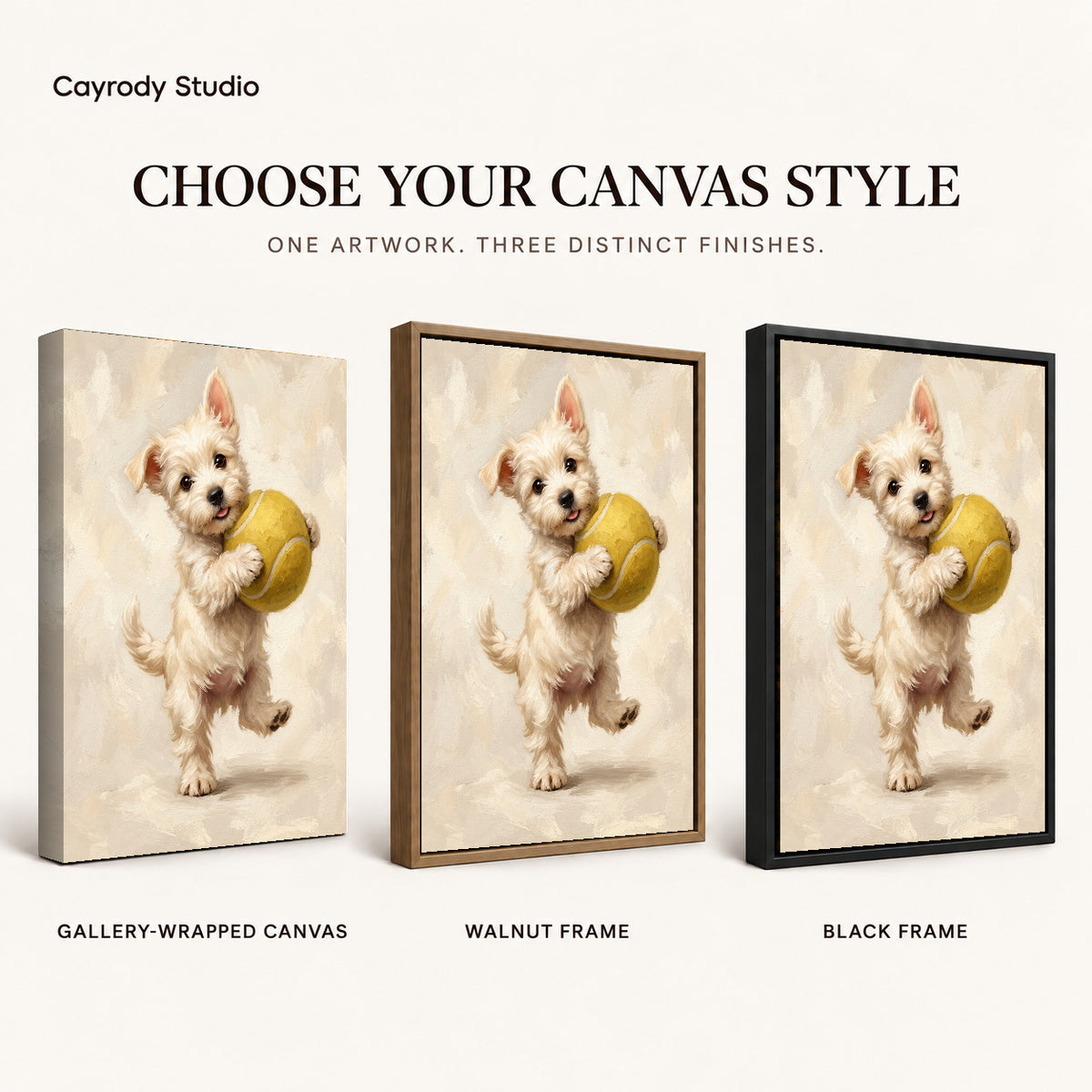 Tennis Ball Puppy artwork finish chart showing gallery wrapped canvas, walnut frame, and black frame options.