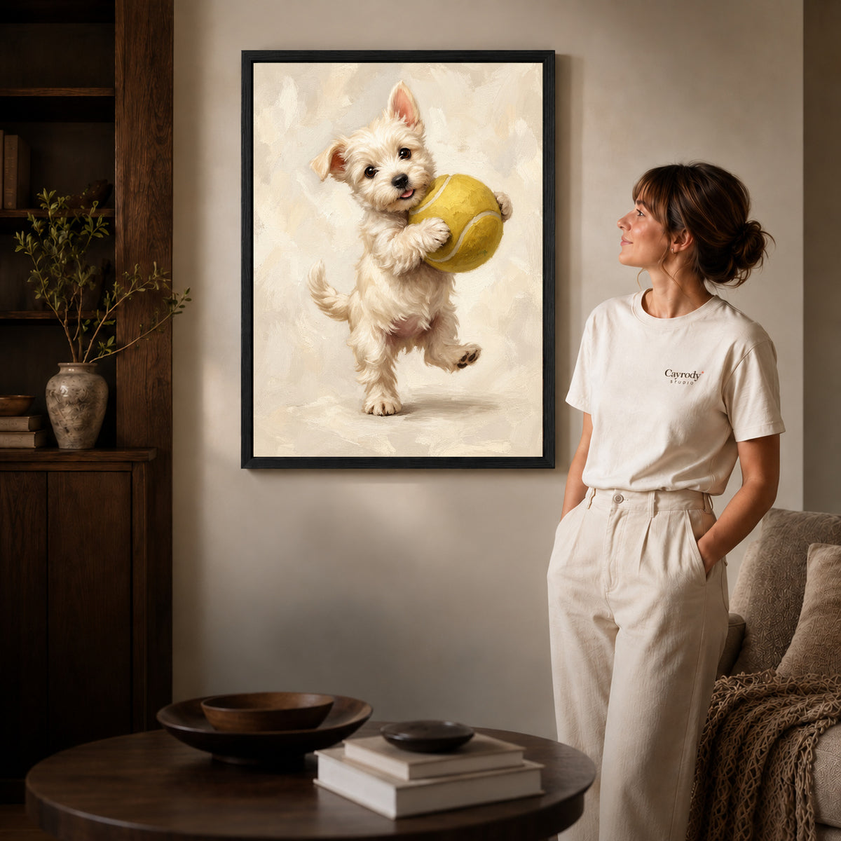 Black framed tennis ball puppy artwork scene assigned to all six black framed canvas sizes.