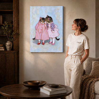 Gallery wrapped pink dress kitten friends artwork with shaded canvas edges beside a woman wearing cream clothing.