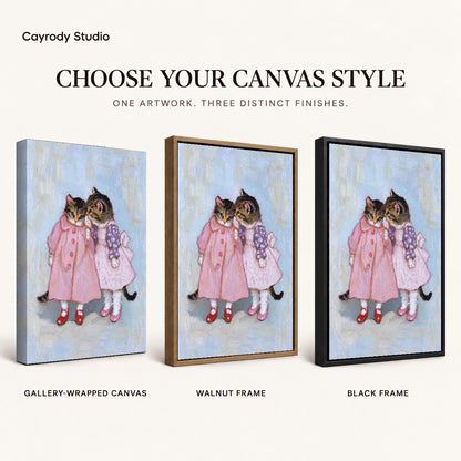 Pink Dress Kitten Friends artwork finish chart showing gallery wrapped canvas, walnut frame, and black frame options.