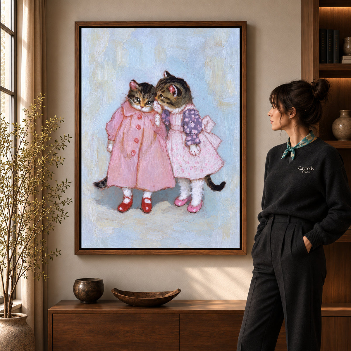 Walnut framed pink dress kitten friends artwork scene assigned to all six walnut framed canvas sizes.