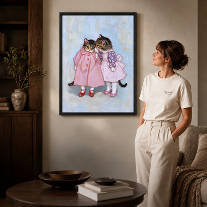 Black framed pink dress kitten friends artwork scene assigned to all six black framed canvas sizes.