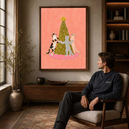 Walnut framed christmas tree cat dance artwork above a seated man in a wood furnished living room.