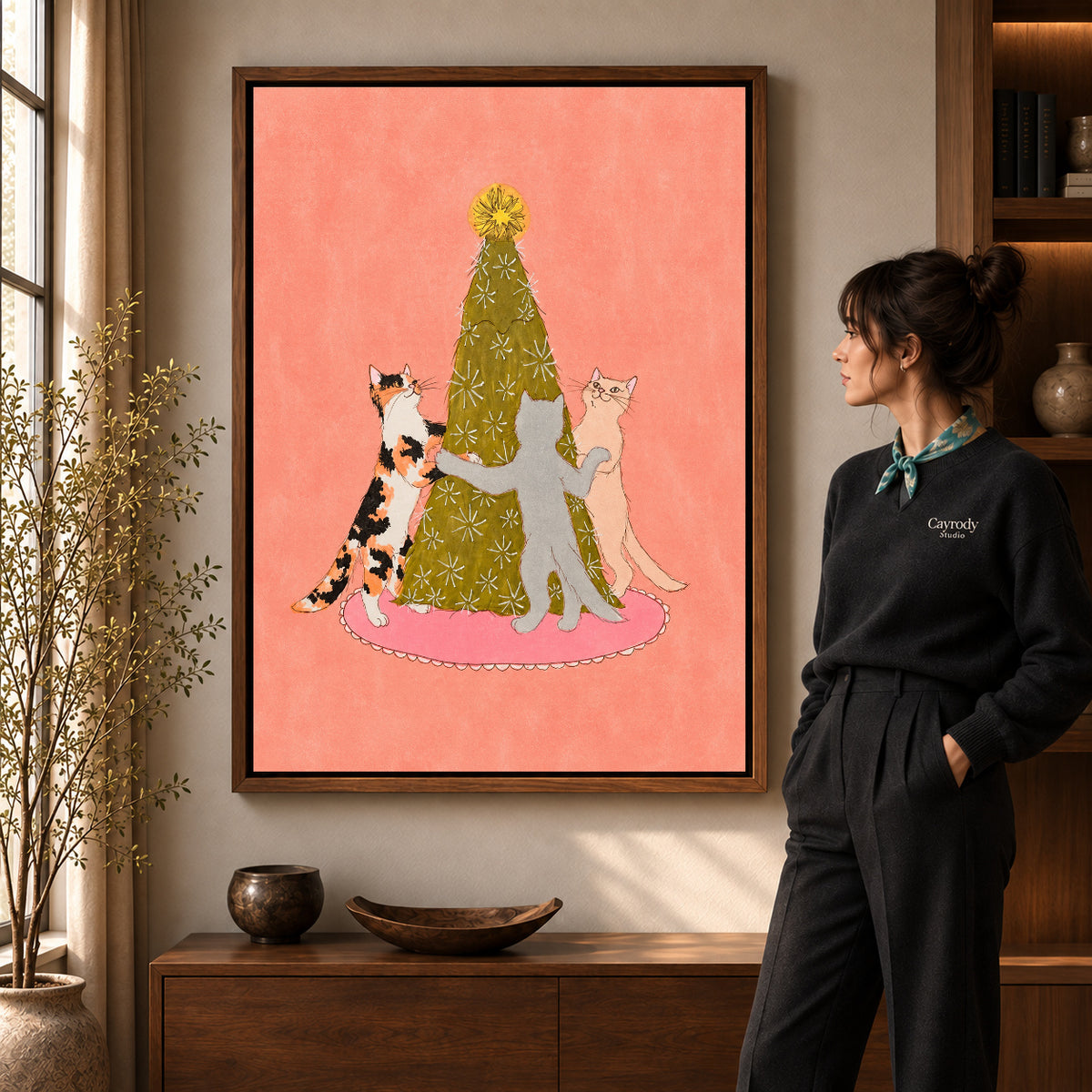 Walnut framed christmas tree cat dance artwork scene assigned to all six walnut framed canvas sizes.