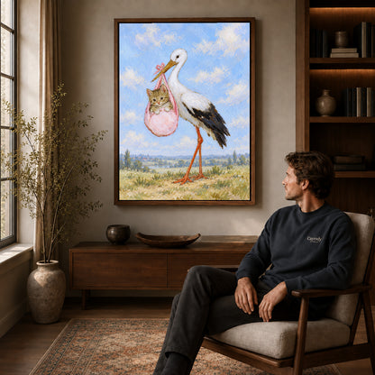 Walnut framed stork kitten delivery artwork above a seated man in a wood furnished living room.