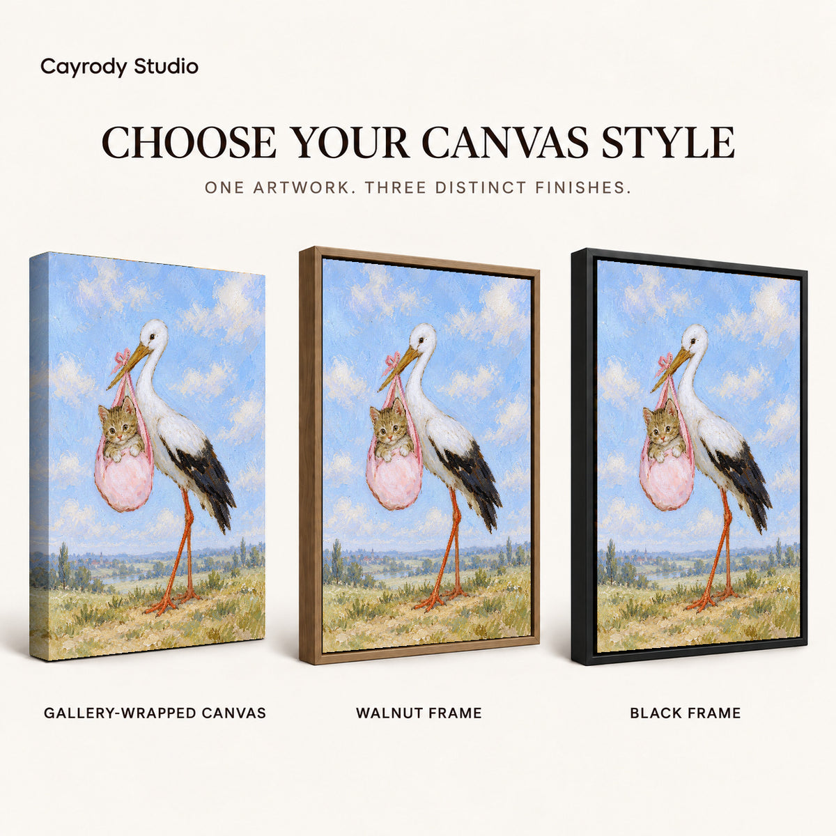 Stork Kitten Delivery artwork finish chart showing gallery wrapped canvas, walnut frame, and black frame options.