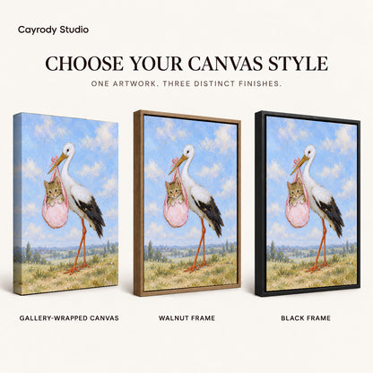 Stork Kitten Delivery artwork finish chart showing gallery wrapped canvas, walnut frame, and black frame options.