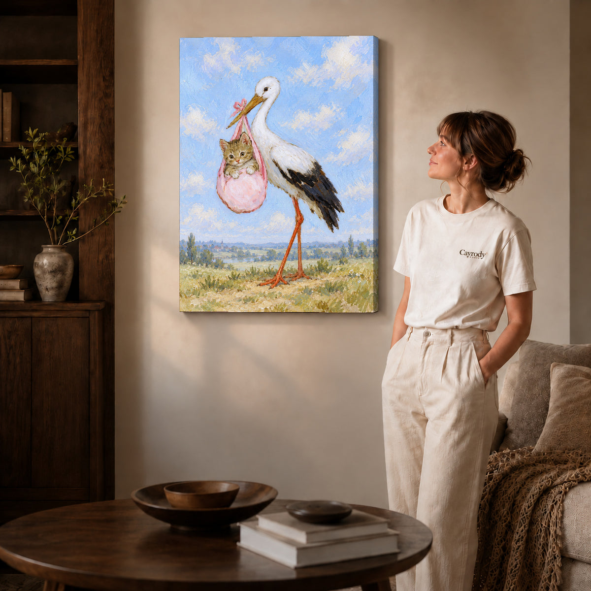 Gallery wrapped stork kitten delivery artwork scene assigned to all six unframed wrapped canvas sizes.