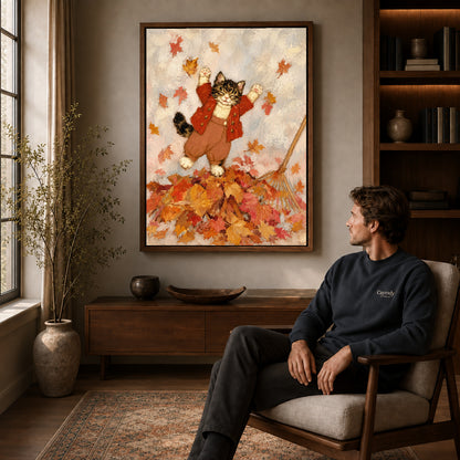 Walnut framed autumn leaf kitten artwork above a seated man in a wood furnished living room.