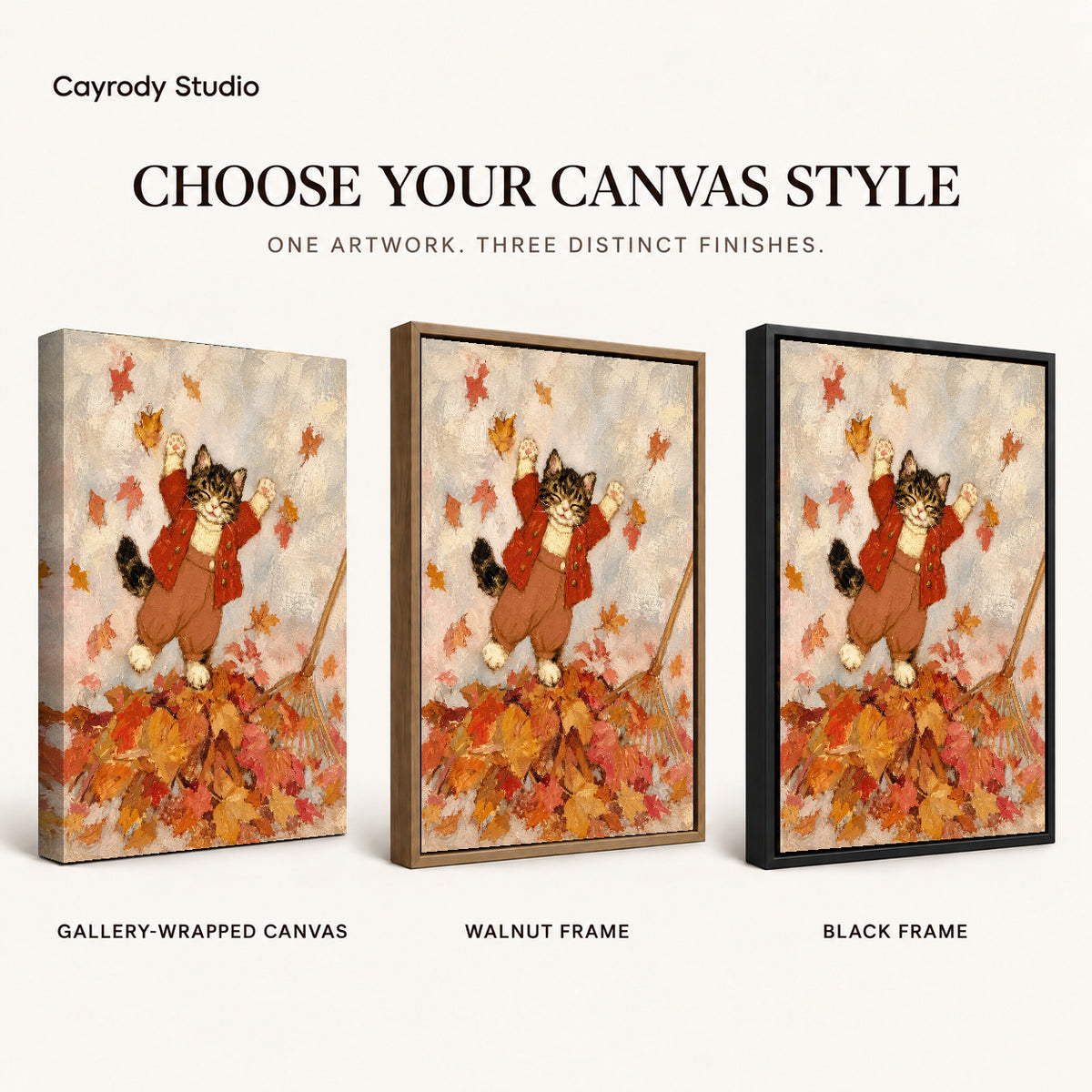 Autumn Leaf Kitten artwork finish chart showing gallery wrapped canvas, walnut frame, and black frame options.
