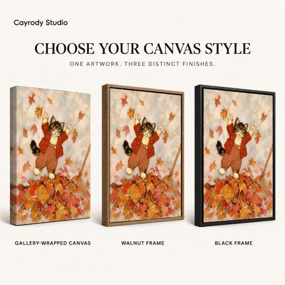 Autumn Leaf Kitten artwork finish chart showing gallery wrapped canvas, walnut frame, and black frame options.