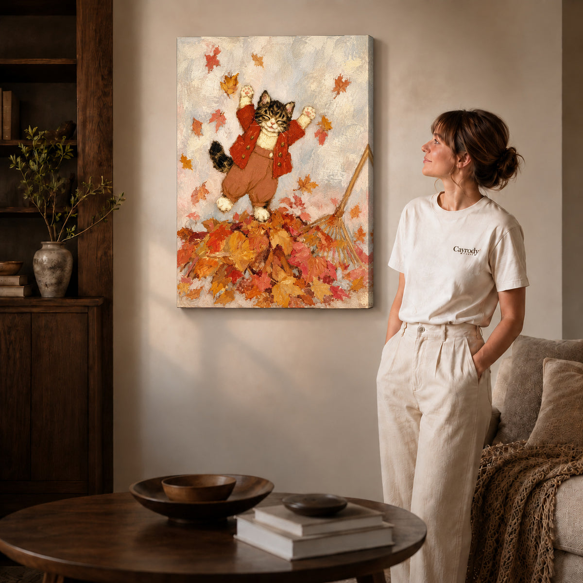 Gallery wrapped autumn leaf kitten artwork scene assigned to all six unframed wrapped canvas sizes.