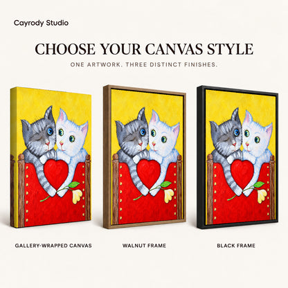 Heart Holding Kittens artwork finish chart showing gallery wrapped canvas, walnut frame, and black frame options.