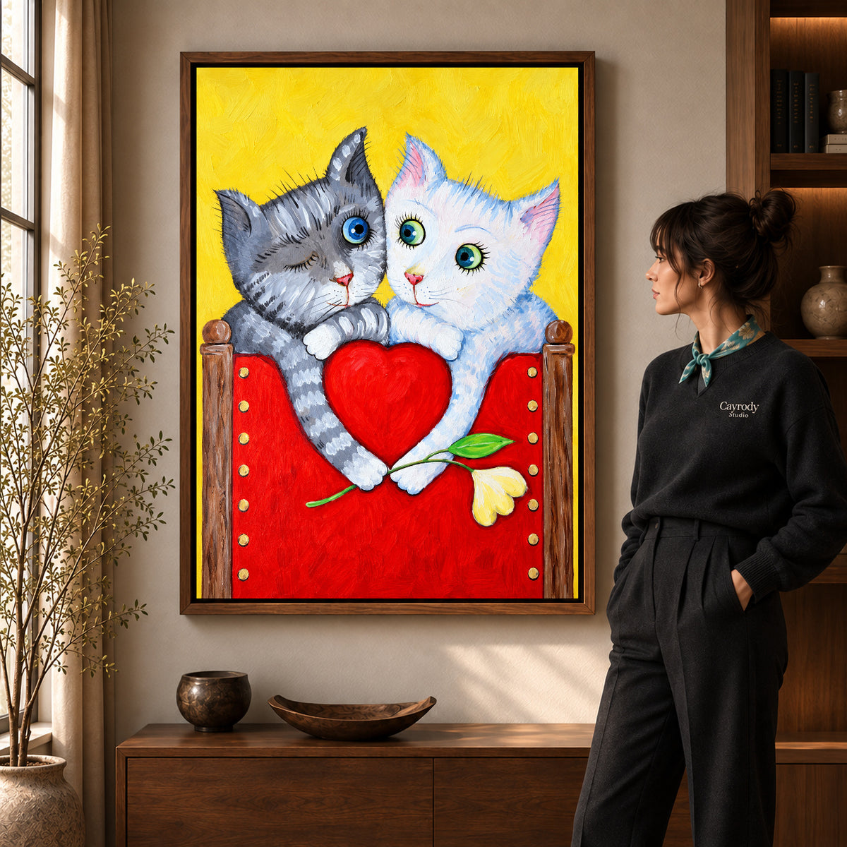 Walnut framed heart holding kittens artwork scene assigned to all six walnut framed canvas sizes.