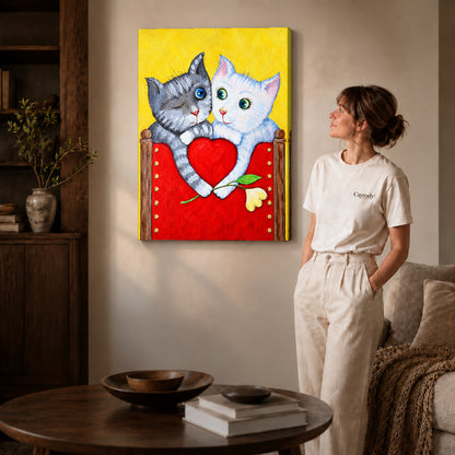 Gallery wrapped heart holding kittens artwork scene assigned to all six unframed wrapped canvas sizes.