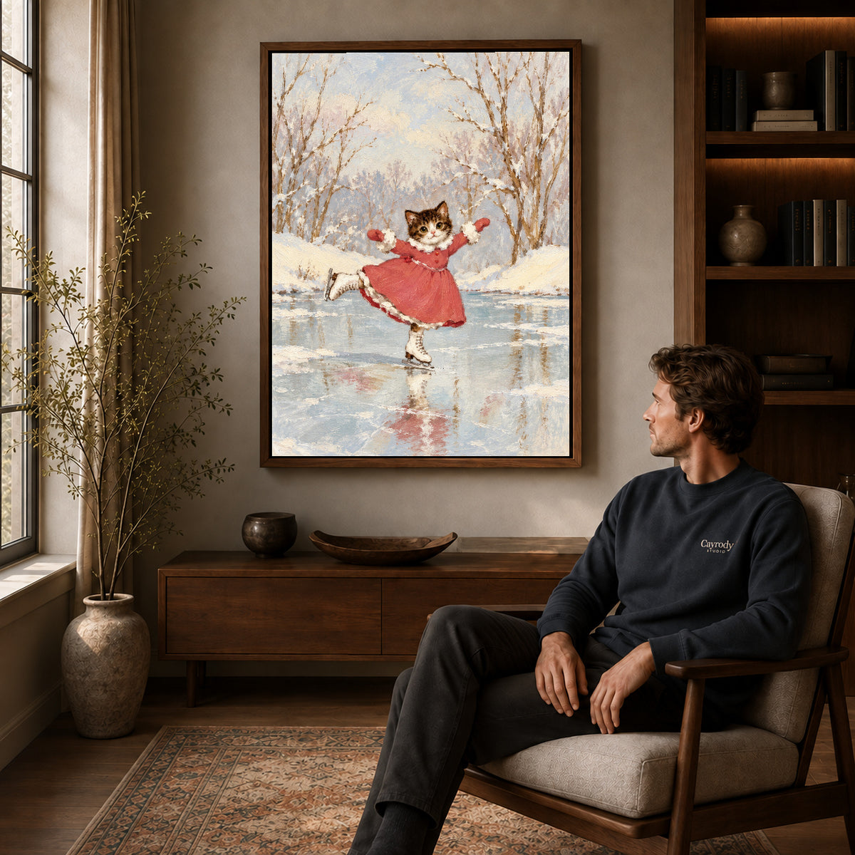 Walnut framed winter skating kitten artwork above a seated man in a wood furnished living room.